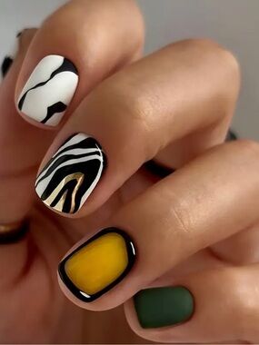 Zebra Print & Color-Block Nail Art — Black, White, Gold, Yellow, Green